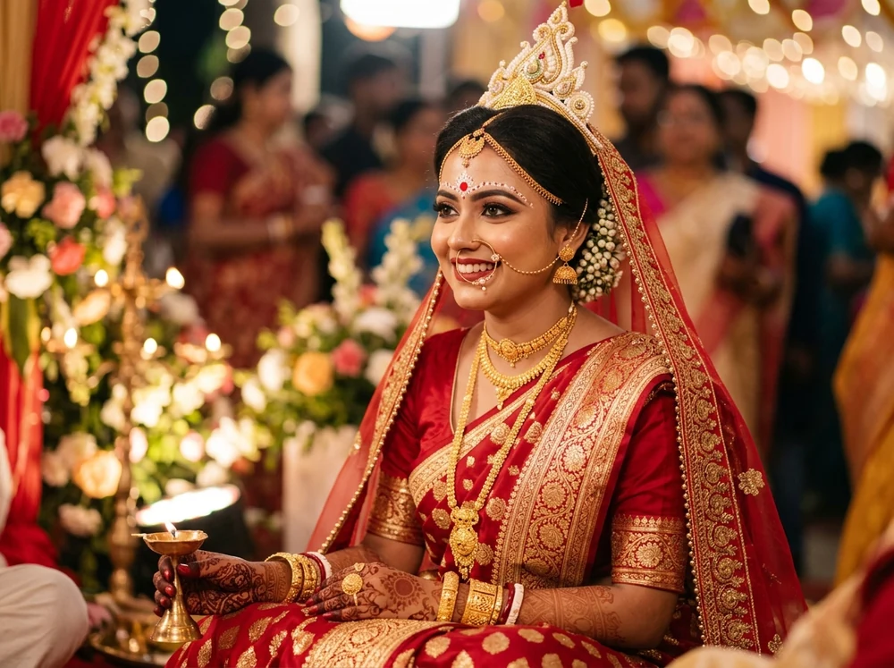 Traditional Bengali Bride with Red Benarasi, Mukut and Chandan Art