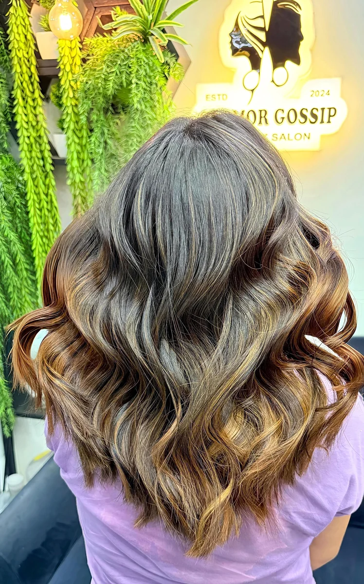 Mocha Balayage Waves with Salon Greenery