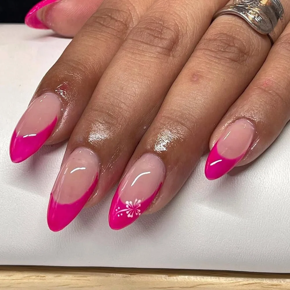 Pink French Tips with Delicate Flower Blossoms